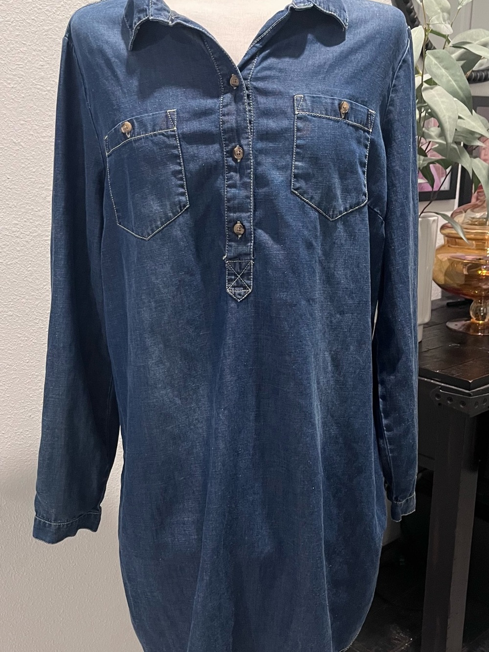 Lucky Brand Denim Chambray PopOver Long Sleeve Shirt Dress